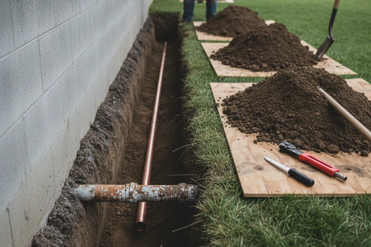 Excavated water line trench during Water Softener Installation in Berlin
